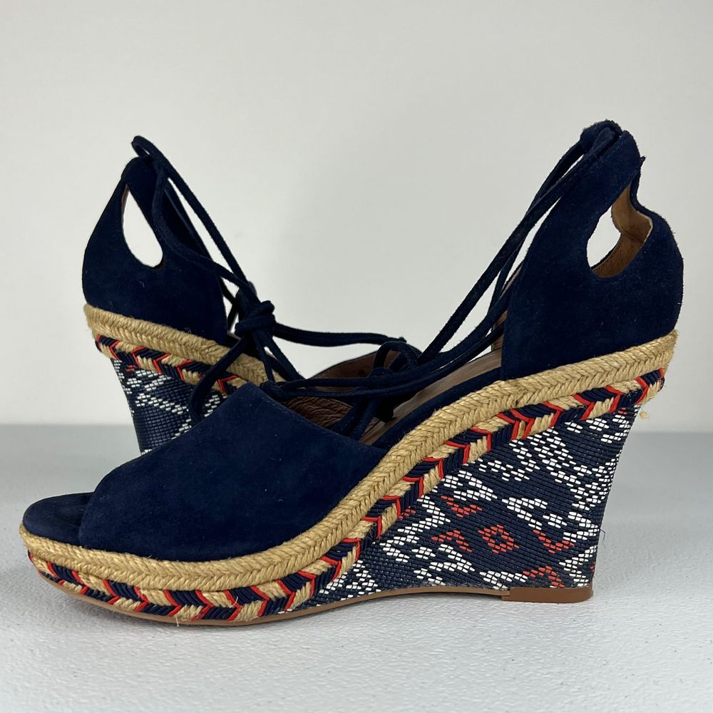 Cabi Isla Espadrille Wedge Sandal Navy Blue Suede Ankle Tie Up Tassels Western 6 - Picture 6 of 13